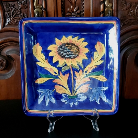 Other - 9 1/2" "Tuscan Lemon" Square Cobalt Blue & Yellow Ceramic Dish EUC